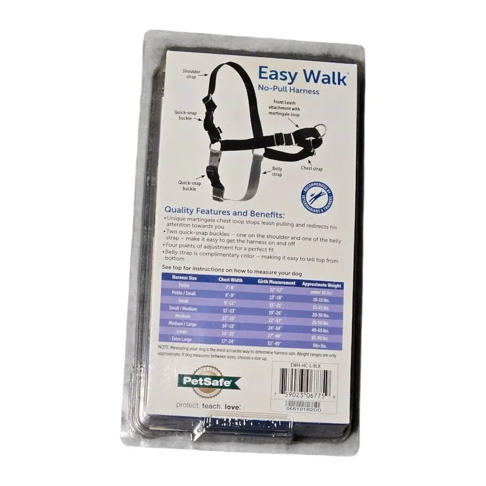 NWT PetSafe Easy Walk Dog Harness Large No-Pull Harness Black Silver Pet Leash